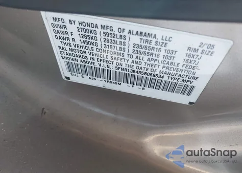 2005 Honda Odyssey Ex из США, поврежденный, VIN 5FNRL38455B068634